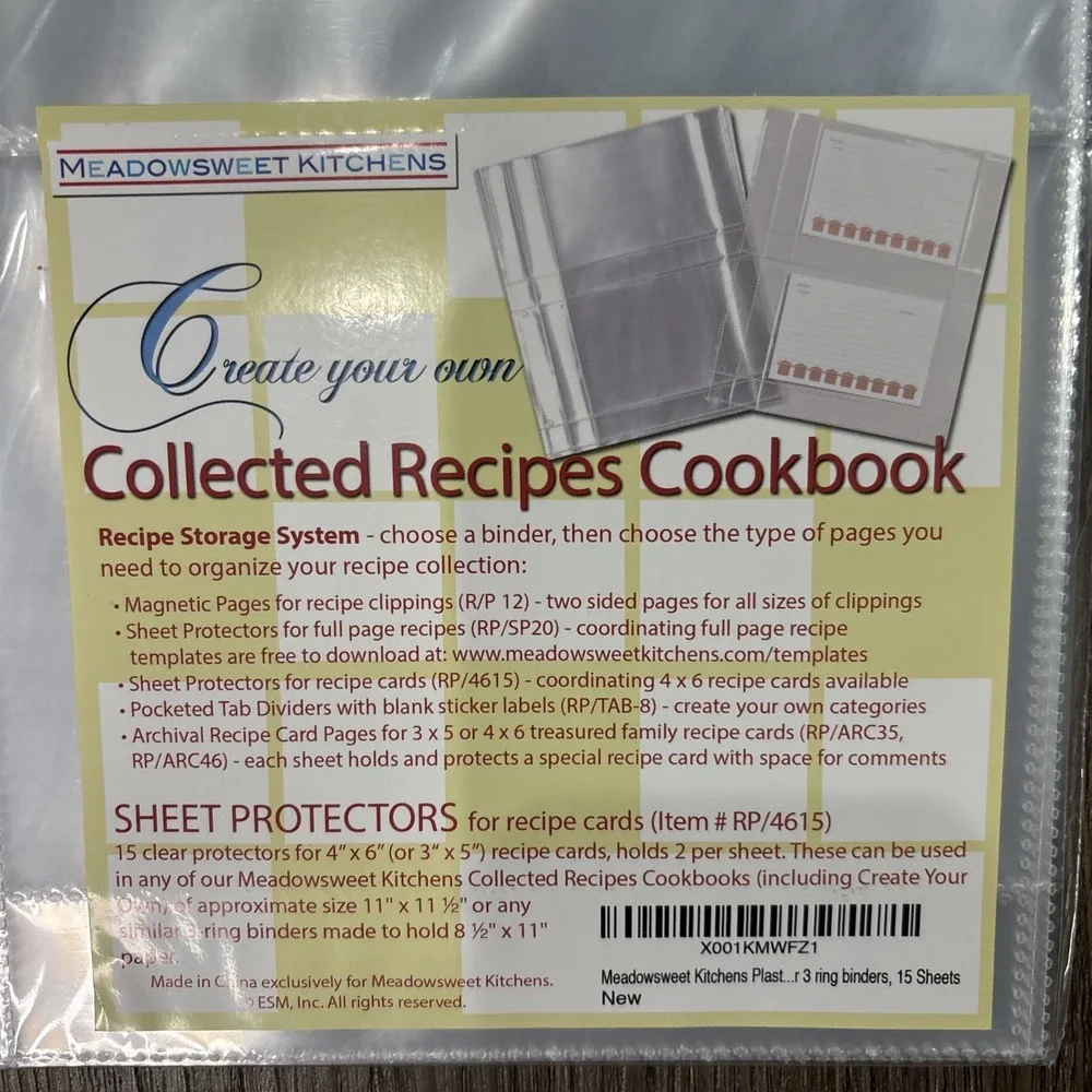 Meadowsweet Kitchens 15 Plastic‎ Recipe Card Sheet Protectors 3 Ring Binder 4x6